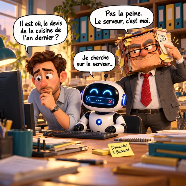 Dessin humoristique. Dans un bureau rempli de classeurs, un jeune employé perplexe demande « Il est où, le devis de la cuisine de l’an dernier ? ». Le petit robot blanc assis à côté de lui répond « Je cherche sur le serveur… ». Derrière eux, le patron, la tête en forme de classeur débordant de papiers et de post-it, se tapote la tempe : « Pas la peine. Le serveur, c’est moi. » Sur le bureau, un post-it : « Demander à Bernard ».