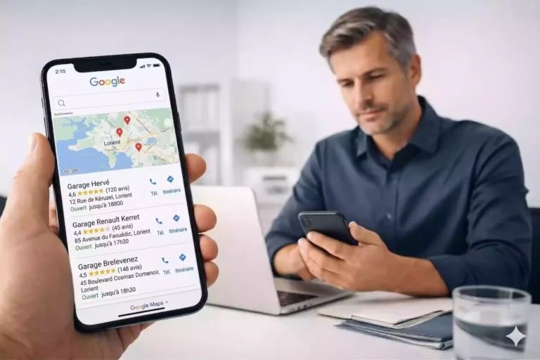 Visibilité locale d'un artisan : un téléphone affiche la carte Google de Lorient et trois garages avec leurs avis, devant un homme qui consulte son propre téléphone à son bureau. Image générée par IA.