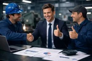 des hommes satisfait de la transaction apres avoir céder l'entreprise