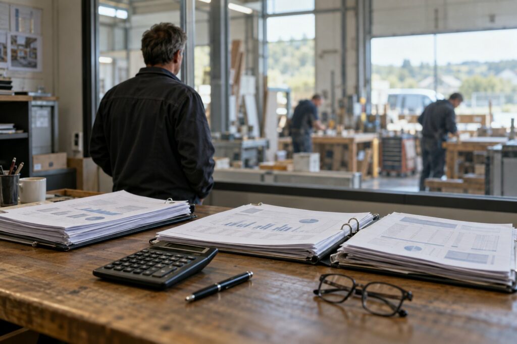 Dirigeant d'une entreprise artisanale, de dos, qui regarde son atelier de menuiserie à travers la vitre du bureau ; au premier plan, des classeurs de bilans comptables, une calculatrice, un stylo et des lunettes.