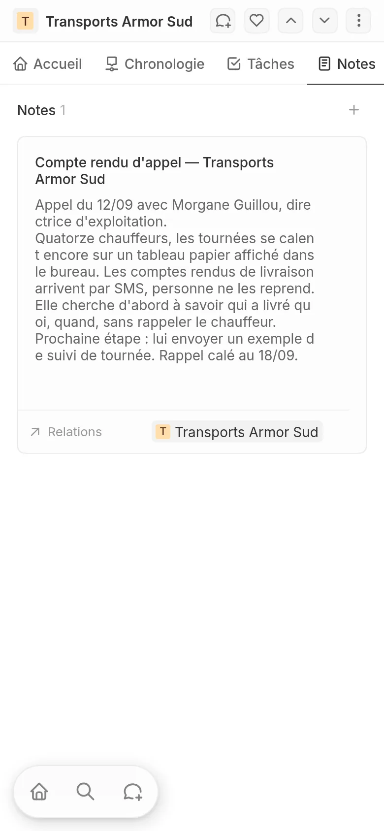 Compte rendu d'appel dicté depuis le téléphone et enregistré sur la fiche de l'entreprise