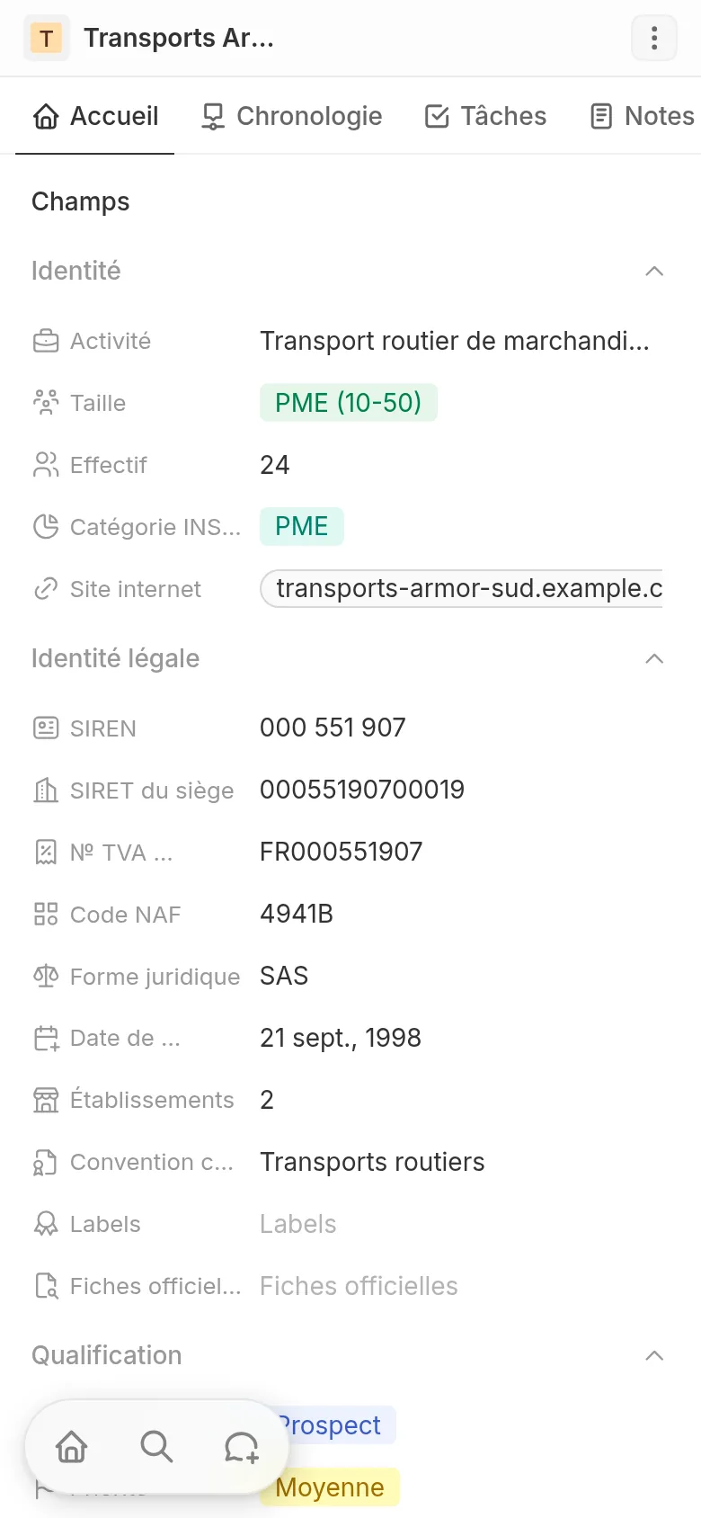 Fiche d'une entreprise : coordonnées, activité, effectif et historique des échanges