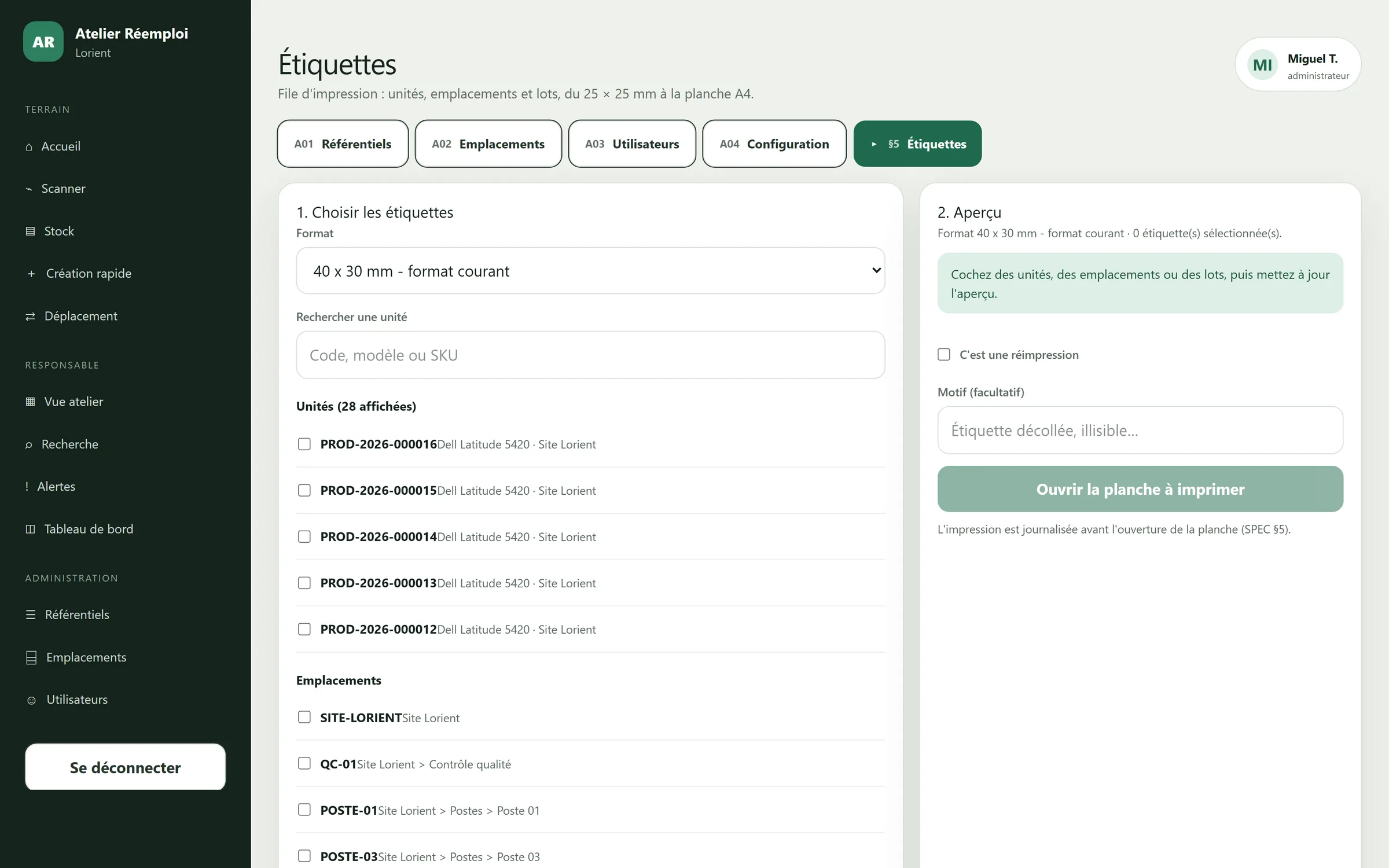 Impression d'etiquettes QR : choix du format, selection des unites et des emplacements, apercu de la planche