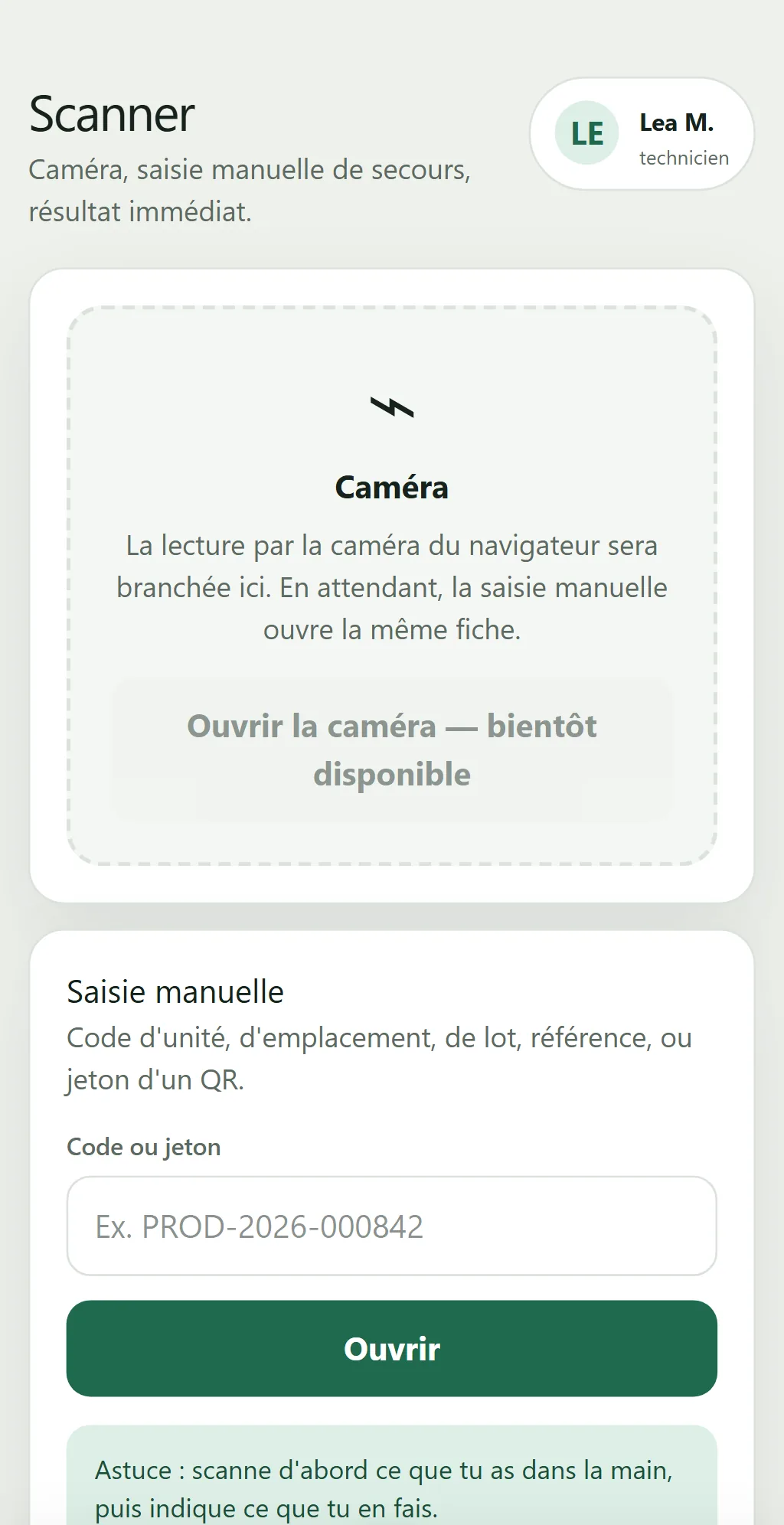 Scan d'un code sur telephone : lecture par la camera ou saisie manuelle du code de l'unite