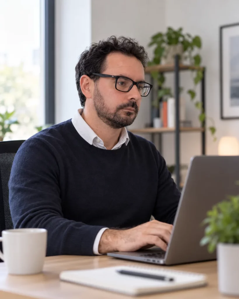 Miguel Termet, consultant en modernisation d'entreprise, au travail dans son bureau en Bretagne Sud