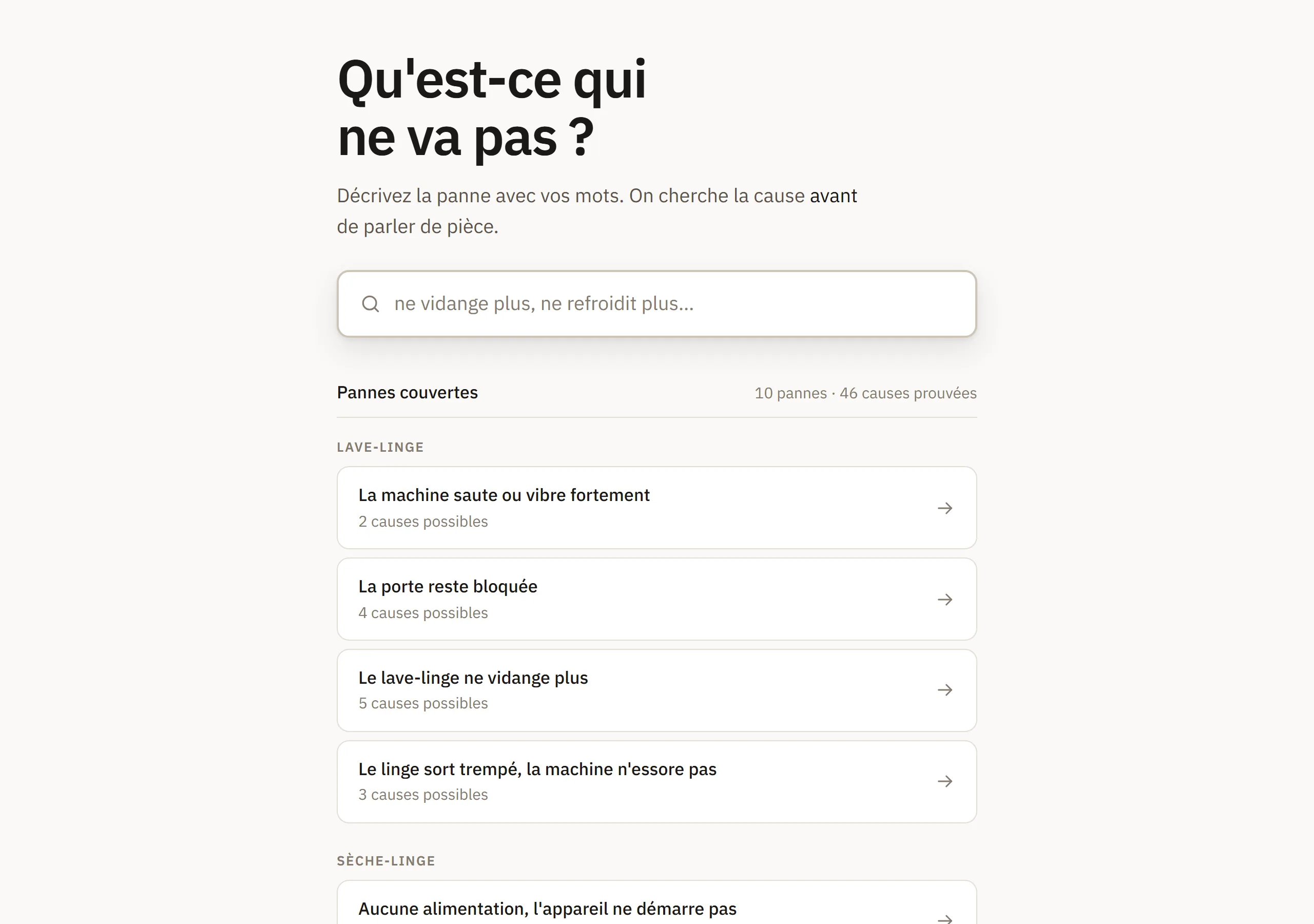 Ecran d'accueil : on decrit la panne avec ses mots, les pannes couvertes sont listees par appareil