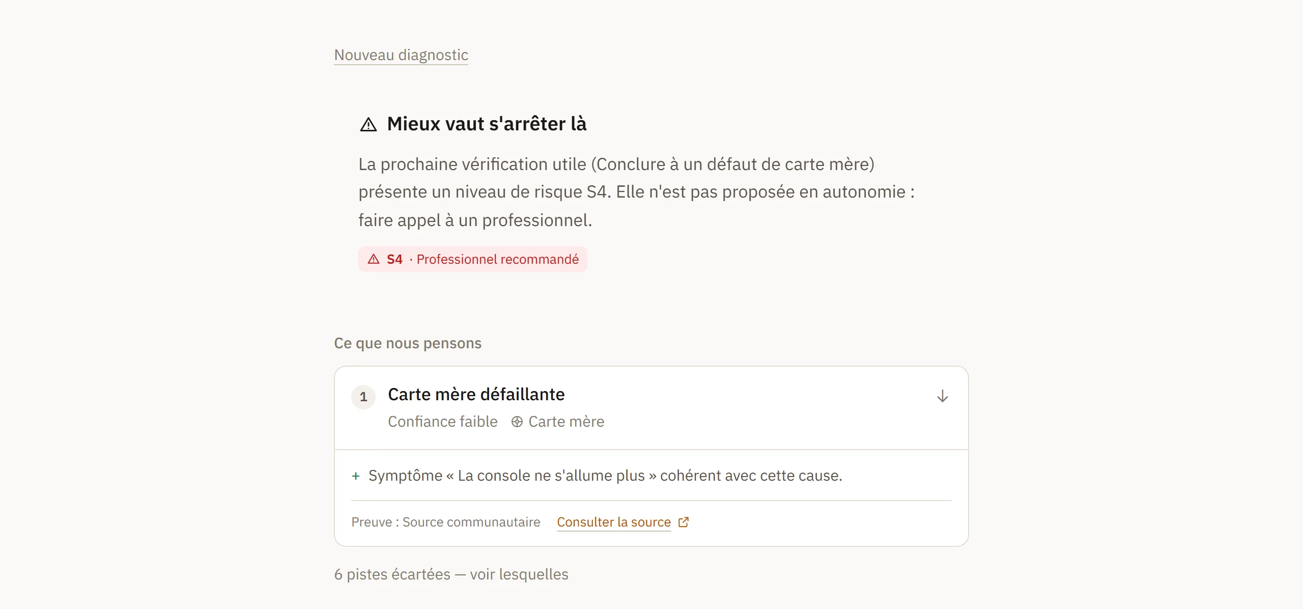 L'application s'arrete d'elle-meme sur une verification dangereuse et renvoie vers un professionnel