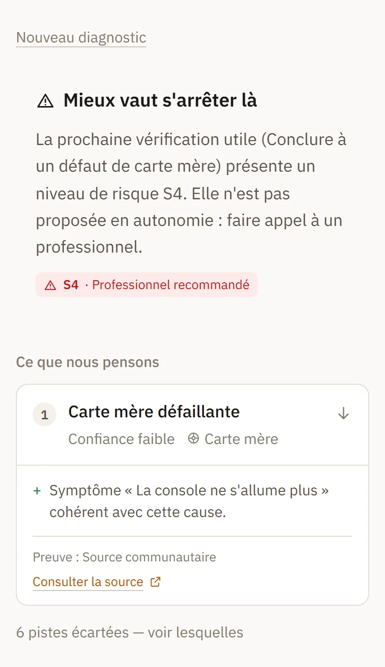 L'application s'arrete d'elle-meme sur une verification dangereuse et renvoie vers un professionnel (vue telephone)