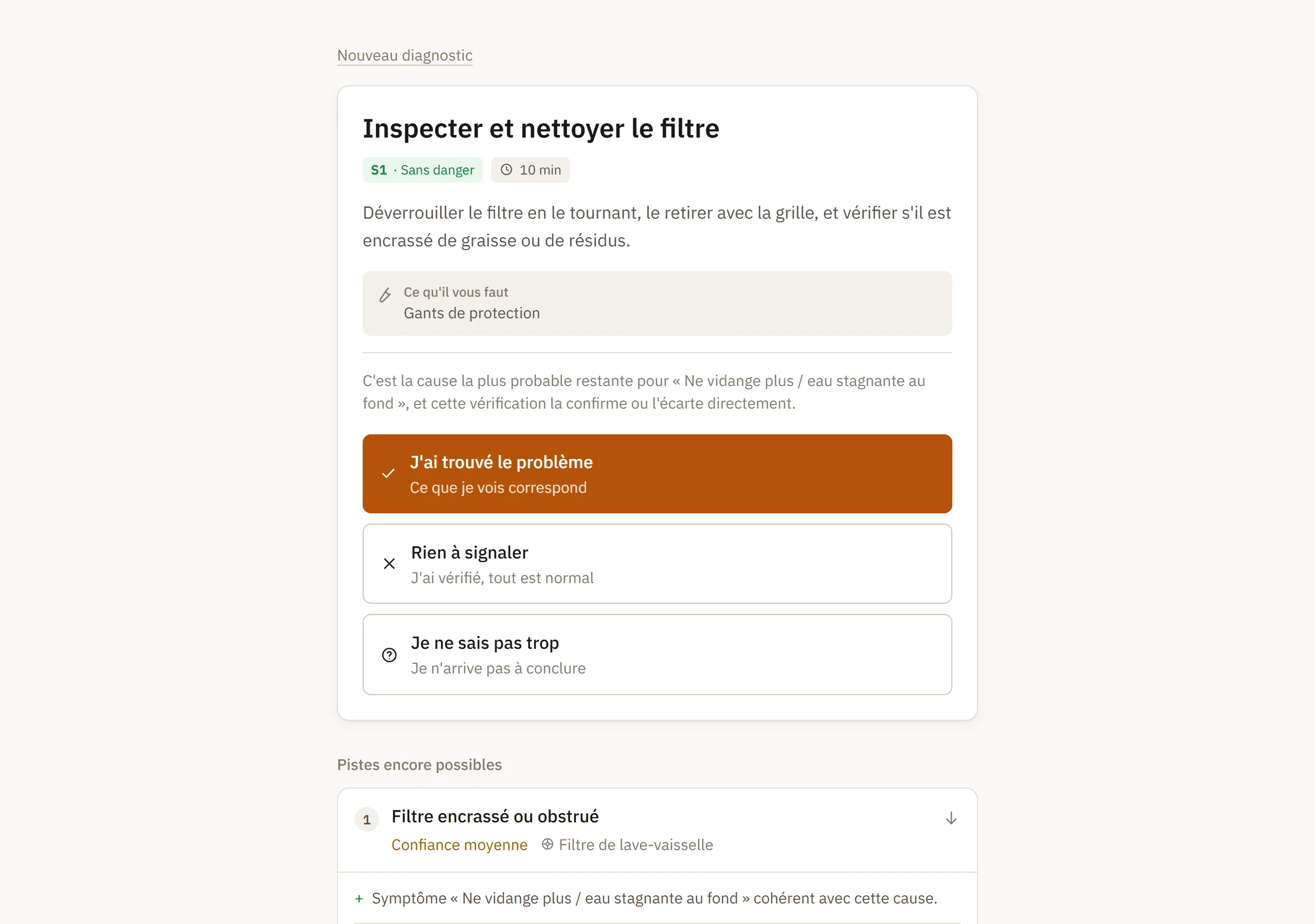 La verification proposee, avec son niveau de risque, sa duree et l'outillage necessaire