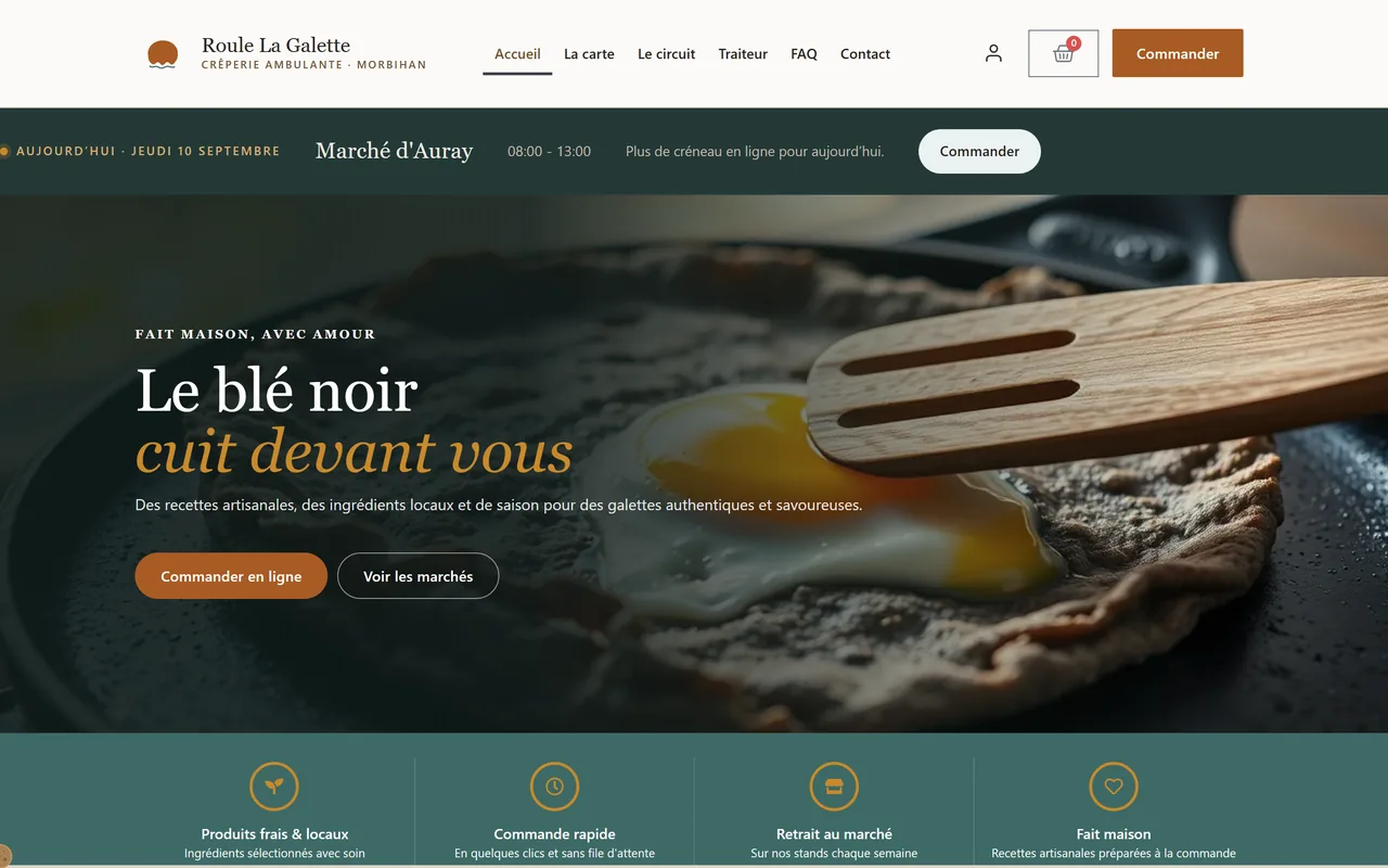 Site de commande en ligne de la crêperie Roule La Galette, construit avec Place à Emporter