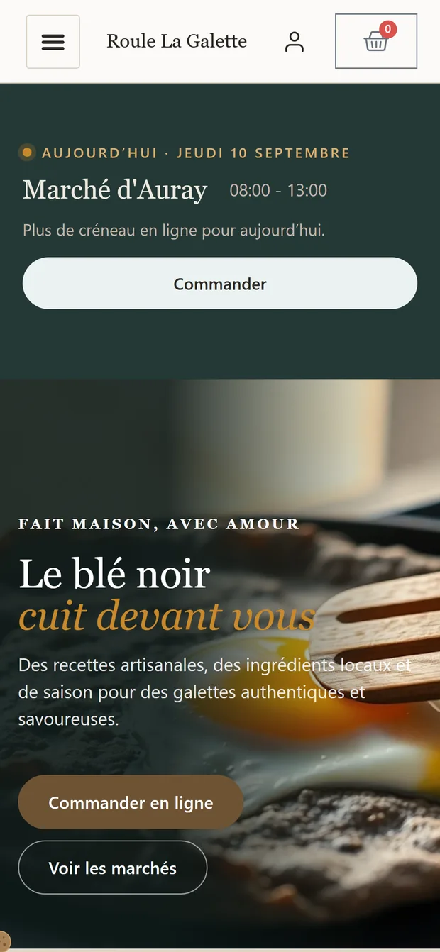 Site de commande en ligne de la crêperie Roule La Galette, construit avec Place à Emporter
