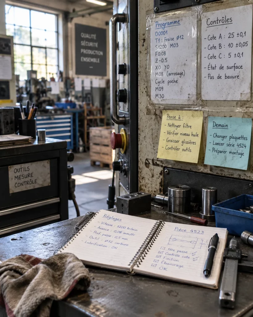 Poste de travail d’atelier : programme d’usinage, cotes de contrôle et réglages notés à la main sur des fiches scotchées à la machine et dans un carnet