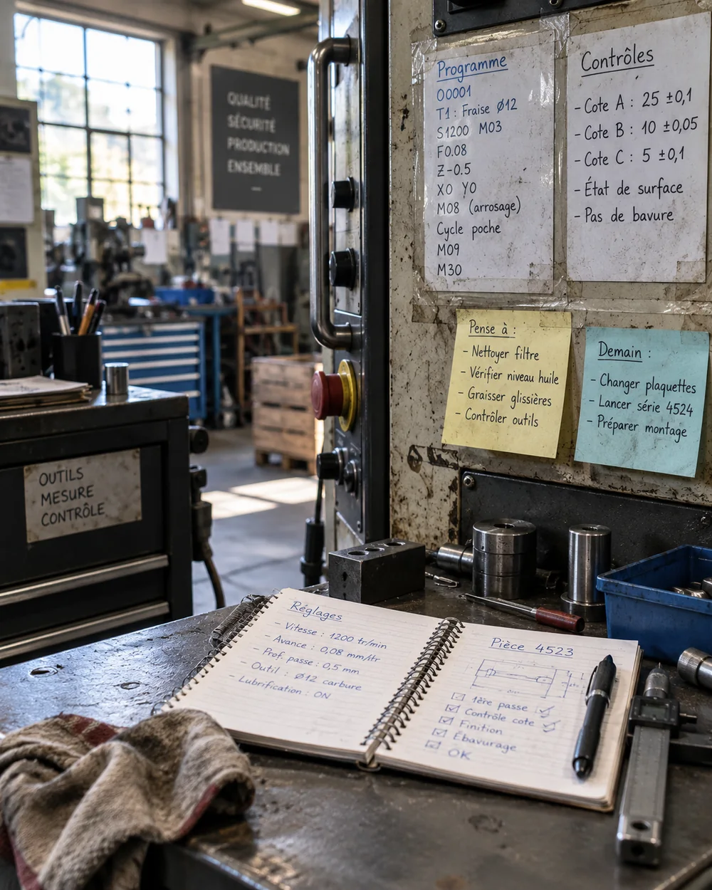 Poste de travail d’atelier : programme d’usinage, cotes de contrôle et réglages notés à la main sur des fiches scotchées à la machine et dans un carnet