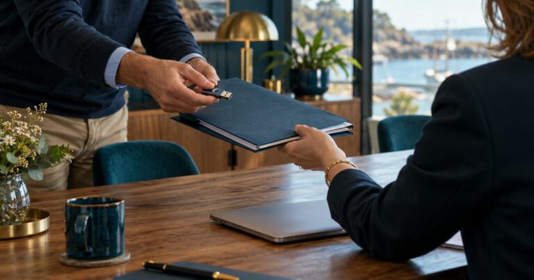 Agence de développement commercial : une dirigeante reçoit d'un consultant le dossier et la clé USB qui appartiennent à son entreprise.