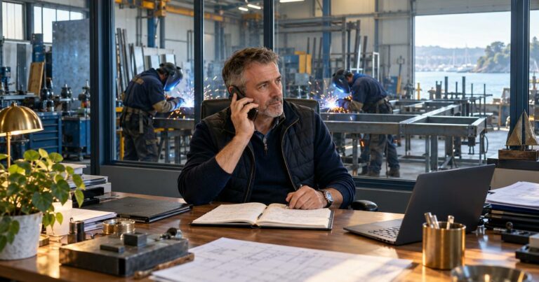 Prospection commerciale d'une TPE : le dirigeant d'une métallerie au téléphone dans son bureau vitré, pendant que ses compagnons soudent dans l'atelier.