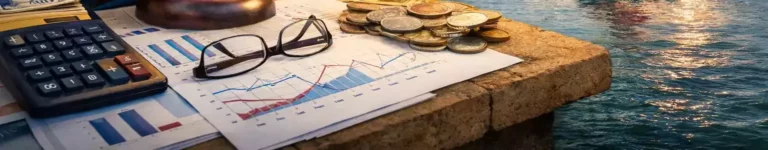 Loi de finances 2026 et cession d'entreprise : une calculatrice, des lunettes et des graphiques posés sur un muret au bord d'un port. Image générée par IA.